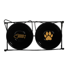 Kit Comedouro Preto/Dourado Suporte Grande